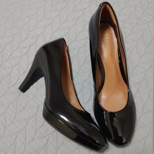 Clarks Black Patent High Heels, size 8, rounded toe